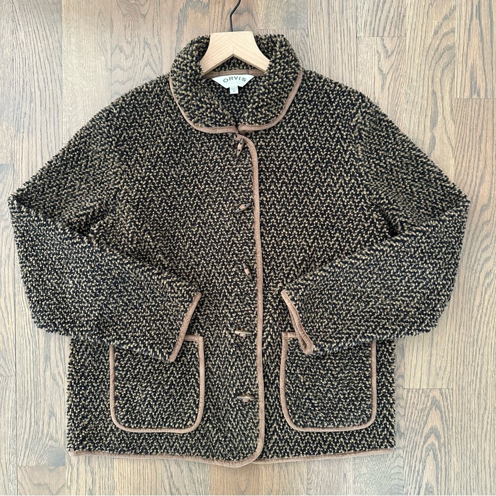 Vintage Orvis Sherpa Fleece Teddy Chore Jacket in Black and Brown Medium